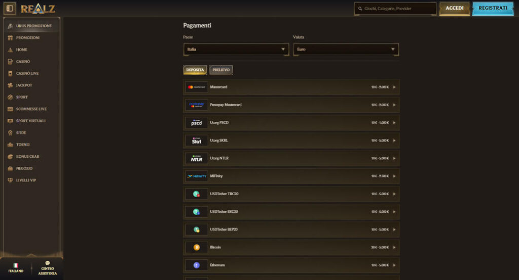 Pagamenti di Realz Casino