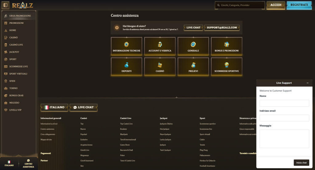 Supporto di Realz Casino